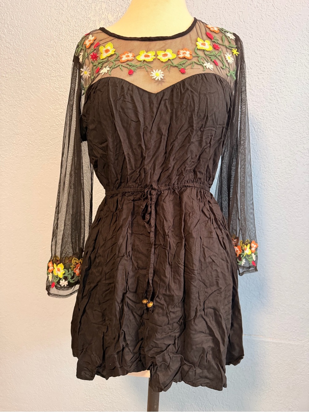True Destiny Black Sheer-Sleeve Embroidered Floral Mini Dress